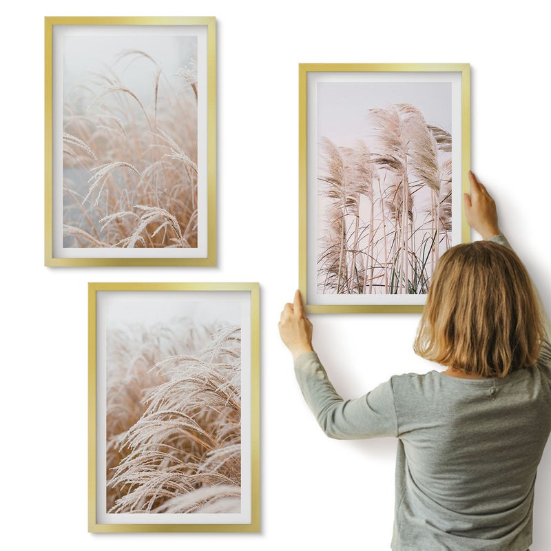 Galeria ścienna 3-częściowy komplet obrazów w złotych ramach - Pola traw w delikatnych odcieniach brązu i beżu - ArtPrintCave