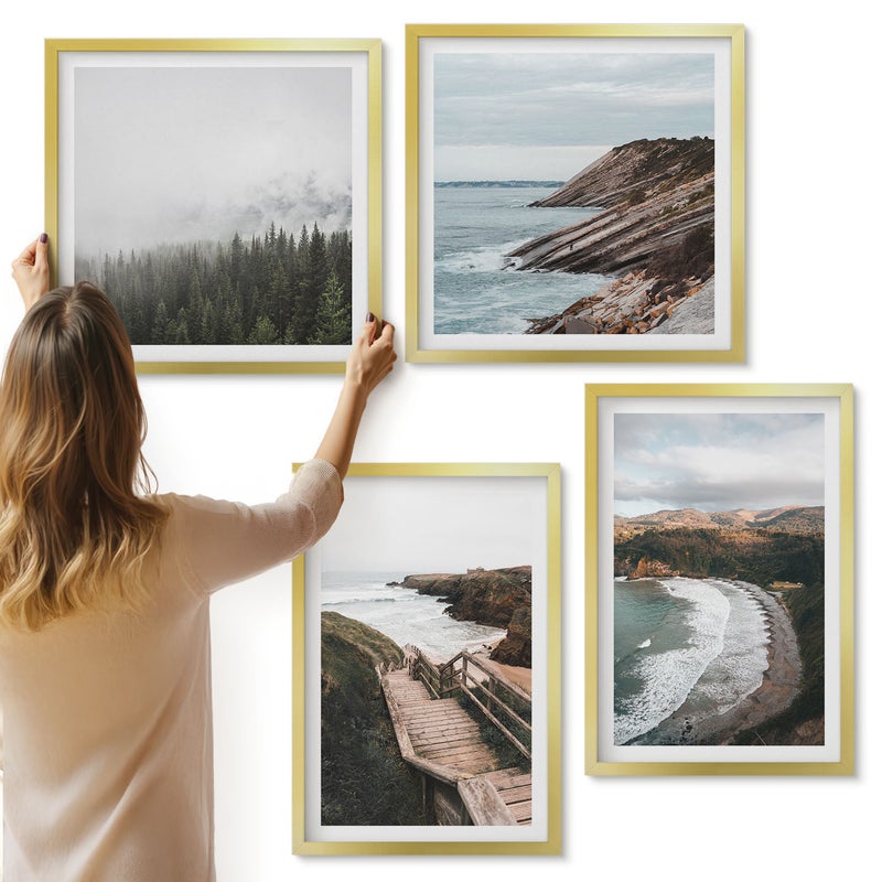 Galeria ścienna 4-częściowy komplet obrazów w złotych ramach - Widoki nadmorskie z klifami i plażą pejzaże - ArtPrintCave