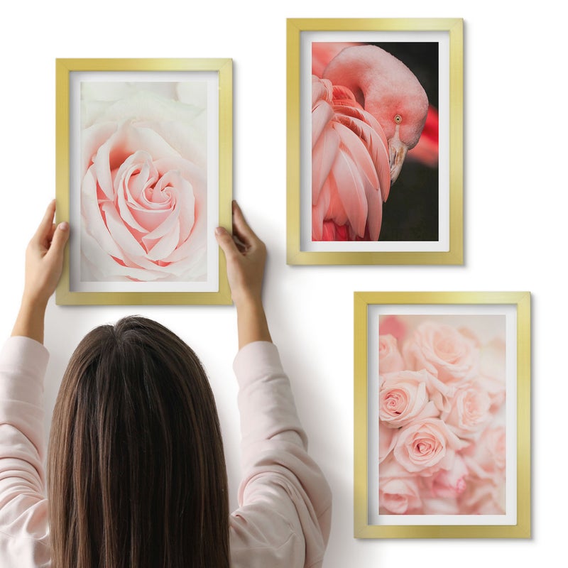 Galeria ścienna 3-częściowy komplet obrazów w złotych ramach - Pastelowe róże i flaming w delikatnych odcieniach - ArtPrintCave
