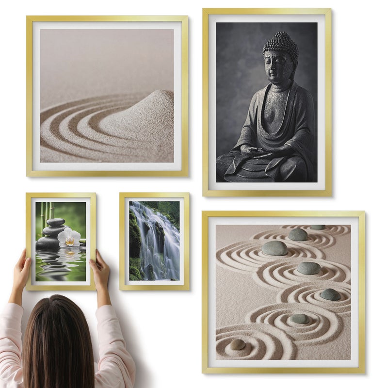 Galeria ścienna 5-częściowy komplet obrazów w złotych ramach - Relaksujące motywy zen z naturą i buddyjskim przesłaniem - ArtPrintCave