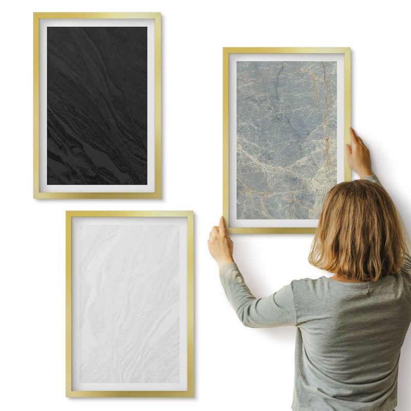 Galeria ścienna 3-częściowy komplet obrazów w złotych ramach - Różne kolory eleganckich struktur kamiennych - ArtPrintCave