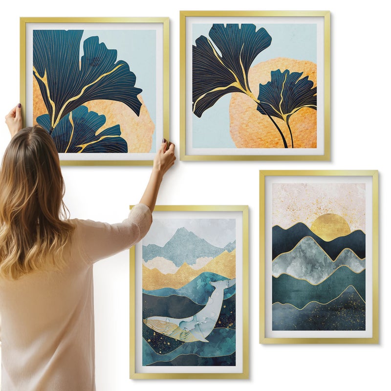 Galeria ścienna 4-częściowy komplet obrazów w złotych ramach - Abstrakcyjne estetyczne widoki z górami i roślinami - ArtPrintCave