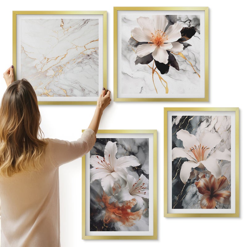 Galeria ścienna 4-częściowy komplet obrazów w złotych ramach - Kwiaty na tle marmuru w odcieniach bieli i czerni - ArtPrintCave