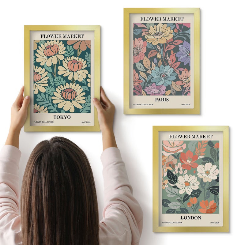 Galeria ścienna 3-częściowy komplet obrazów w złotych ramach - Postery kwiatowe Tokio Paryż Londyn - ArtPrintCave