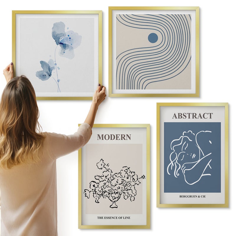 Galeria ścienna 4-częściowy komplet obrazów w złotych ramach - Kwiaty linie i abstrakcyjne kształty postery - ArtPrintCave