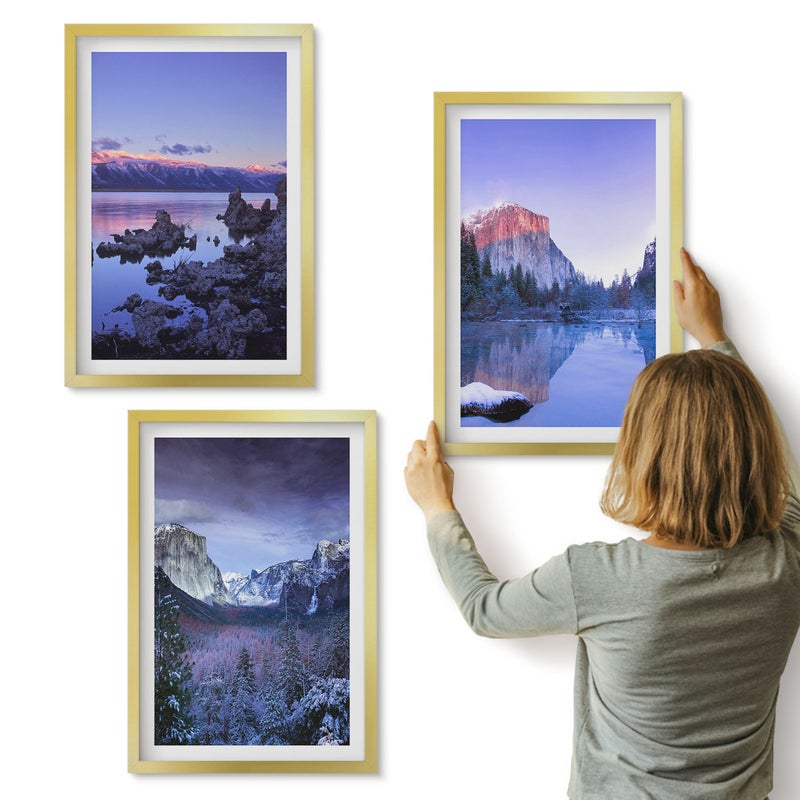 Galeria ścienna 3-częściowy komplet obrazów w złotych ramach - Górskie pejzaże o zmierzchu widoki na wodę - ArtPrintCave
