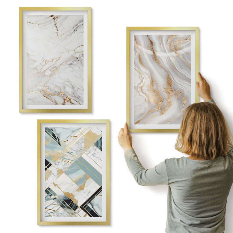 Galeria ścienna 3-częściowy komplet obrazów w złotych ramach - Eleganckie modne wzory marmurowe abstrakcja - ArtPrintCave