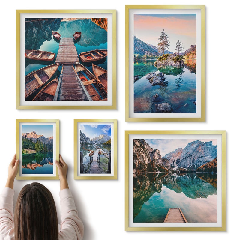 Galeria ścienna 5-częściowy komplet obrazów w złotych ramach - Krajobrazy górskie z jeziorami i malowniczymi widokami - ArtPrintCave