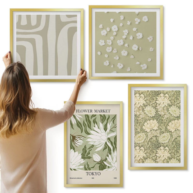 Galeria ścienna 4-częściowy komplet obrazów w złotych ramach - Boho kompozycje roślin w pastelowych barwach - ArtPrintCave