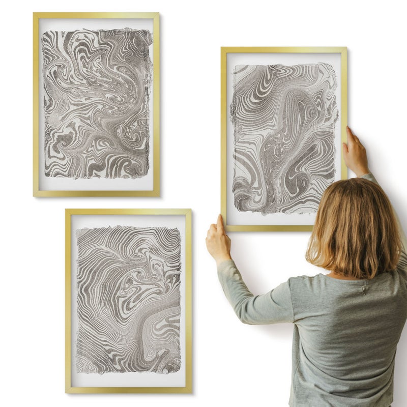 Galeria ścienna 3-częściowy komplet obrazów w złotych ramach - Nowoczesne kształty malarstwo abstrakcyjne - ArtPrintCave