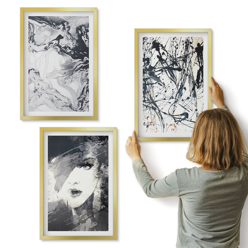 Galeria ścienna 3-częściowy komplet obrazów w złotych ramach - Abstrakcyjne wzory w odcieniach czerni i bieli - ArtPrintCave