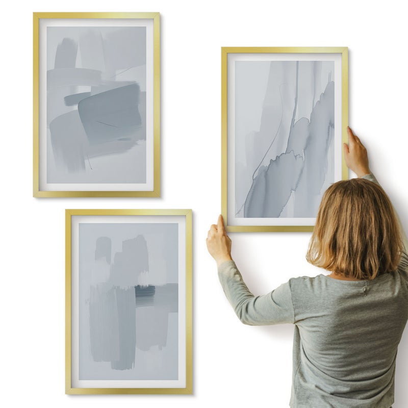 Galeria ścienna 3-częściowy komplet obrazów w złotych ramach - Abstrakcyjne kompozycje w akwarelowym stylu - ArtPrintCave
