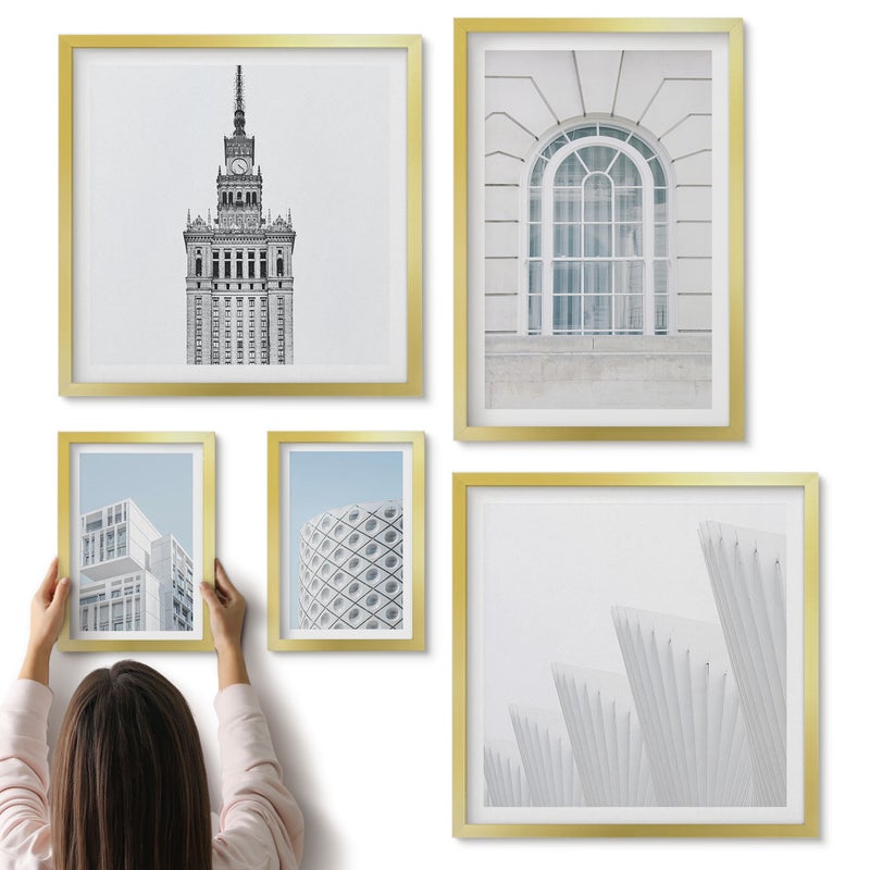Galeria ścienna 5-częściowy komplet obrazów w złotych ramach - Nowoczesna architektura minimalistyczne formy i linie - ArtPrintCave