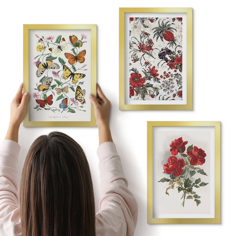 Galeria ścienna 3-częściowy komplet obrazów w złotych ramach - Motyle kwiaty i czerwone róże w klasycznym stylu - ArtPrintCave