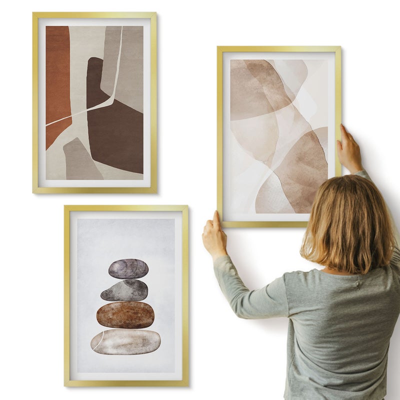 Galeria ścienna 3-częściowy komplet obrazów w złotych ramach - Malarstwo abstrakcyjne nowoczesne dekroacje - ArtPrintCave
