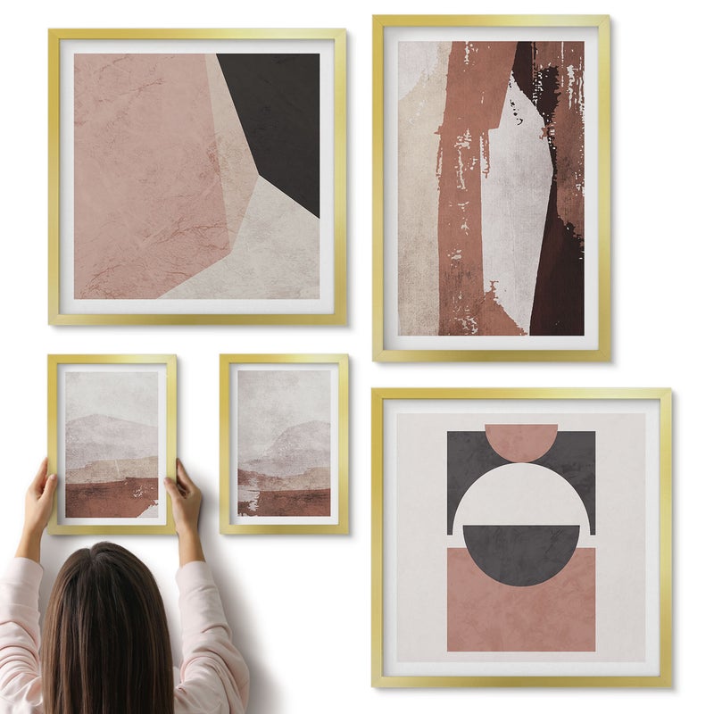 Galeria ścienna 5-częściowy komplet obrazów w złotych ramach - Abstrakcyjne kompozycje w odcieniach ziemi i formach geometrycznych - ArtPrintCave