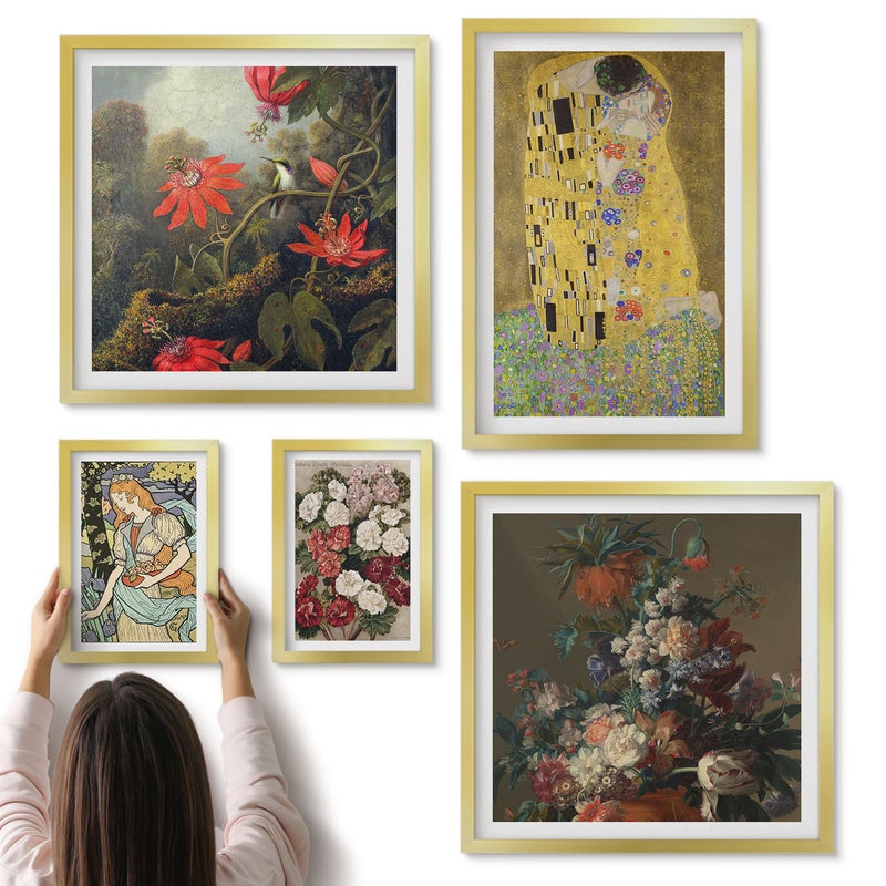 Galeria ścienna 5-częściowy komplet obrazów w złotych ramach - Kwiatowe kompozycje i romantyczne sceny w sztuce - ArtPrintCave