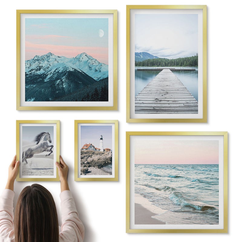 Galeria ścienna 5-częściowy komplet obrazów w złotych ramach - Przyroda i krajobrazy w harmonijnym zestawie dekoracji - ArtPrintCave