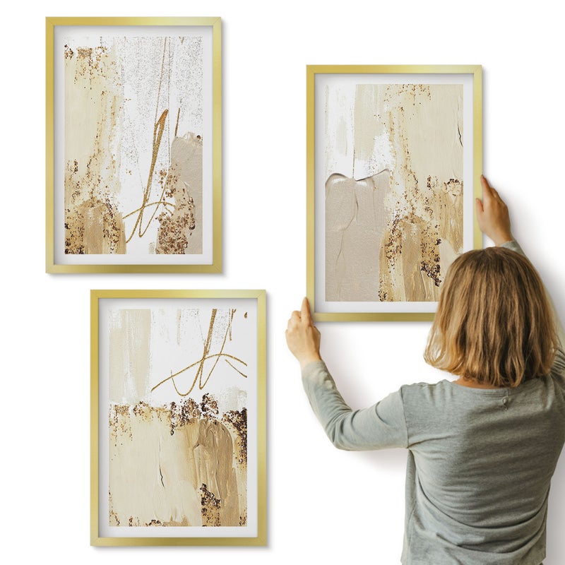 Galeria ścienna 3-częściowy komplet obrazów w złotych ramach - Abstrakcyjne wzory w odcieniach beżu i bieli - ArtPrintCave
