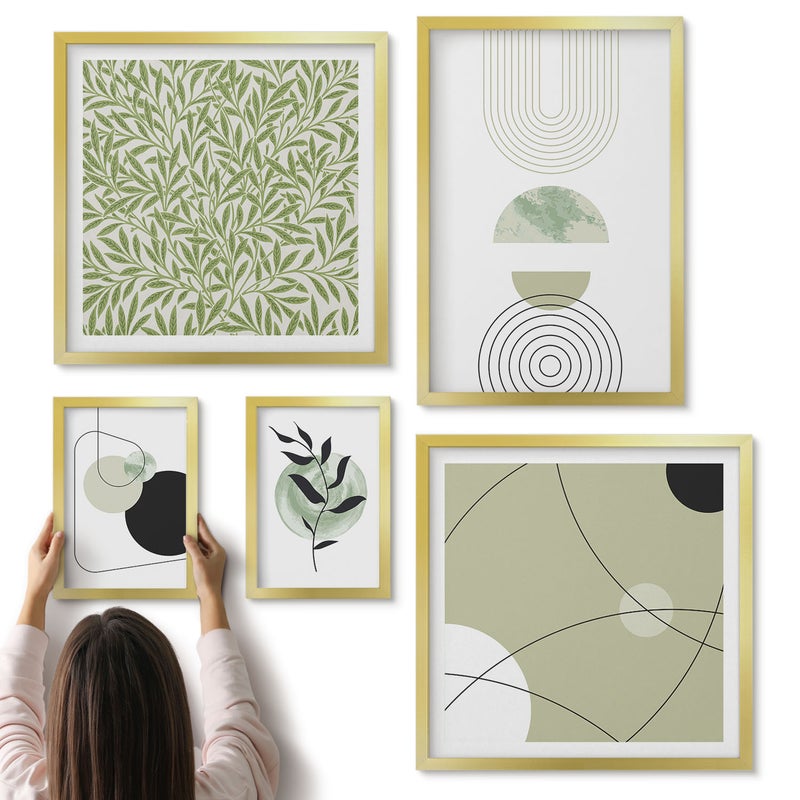 Galeria ścienna 5-częściowy komplet obrazów w złotych ramach - Abstrakcyjne kompozycje z roślinnymi motywami i kształtami - ArtPrintCave
