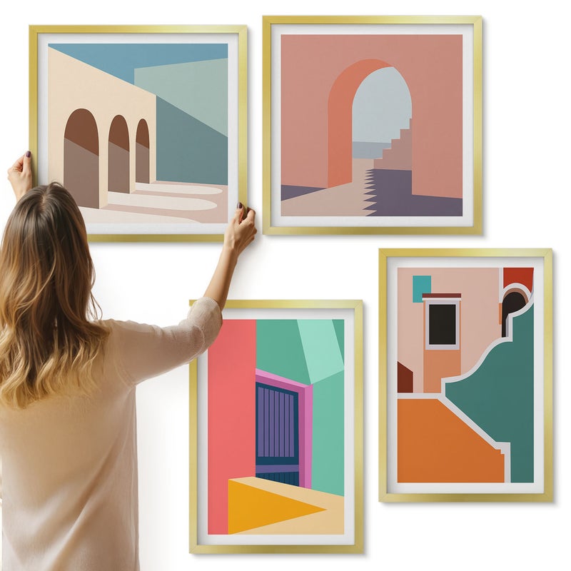 Galeria ścienna 4-częściowy komplet obrazów w złotych ramach - Kolorowe ilustracje miasta w stylu nowoczesnym - ArtPrintCave