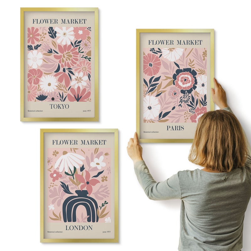 Galeria ścienna 3-częściowy komplet obrazów w złotych ramach - Kwiatowe motywy w Tokio Londynie i Paryżu - ArtPrintCave