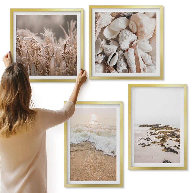 Galeria ścienna 4-częściowy komplet obrazów w złotych ramach - Plażowe trawy fale i kamienie nadmorskie boho - ArtPrintCave