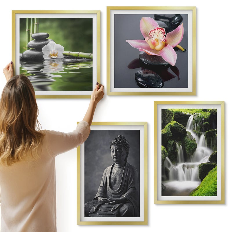 Galeria ścienna 4-częściowy komplet obrazów w złotych ramach - Relaksujące obrazy ZEN z wodą kamieniami i Buddą - ArtPrintCave