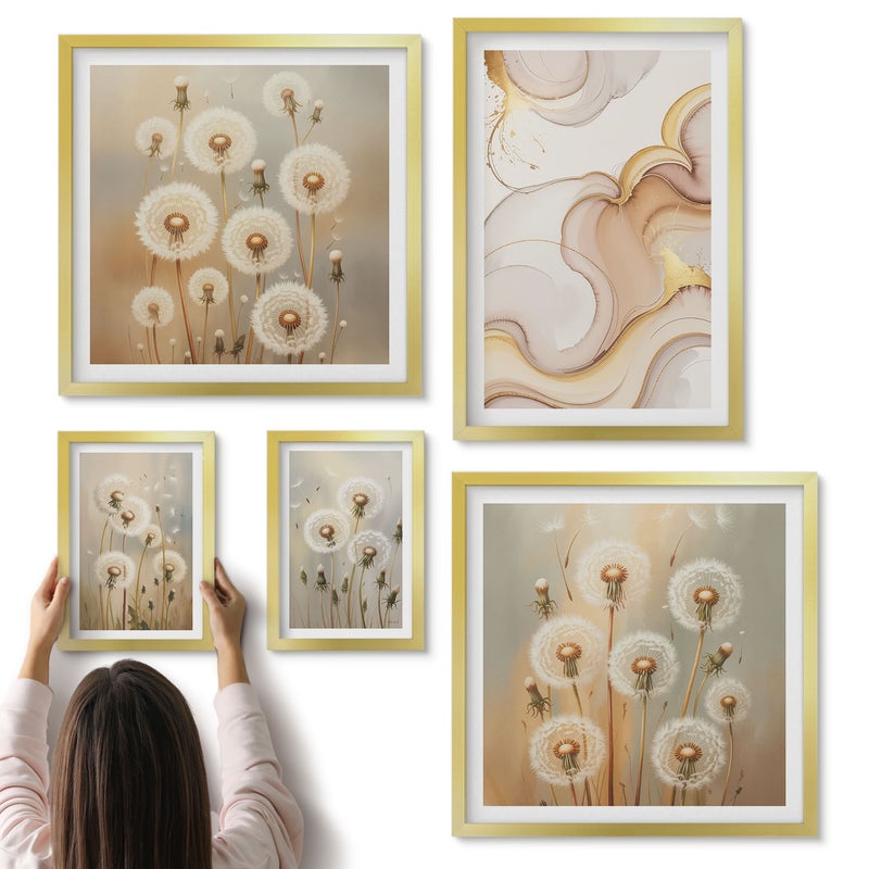 Galeria ścienna 5-częściowy komplet obrazów w złotych ramach - Kwiatowe motywy w delikatnych odcieniach natury - ArtPrintCave