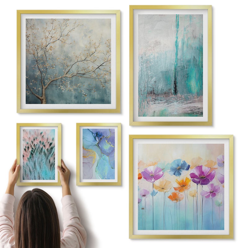 Galeria ścienna 5-częściowy komplet obrazów w złotych ramach - Abstrakcyjne pejzaże z kwiatami i delikatnymi motywami - ArtPrintCave