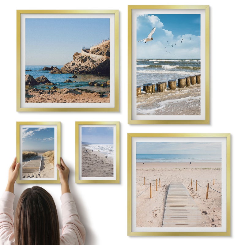 Galeria ścienna 5-częściowy komplet obrazów w złotych ramach - Nadmorskie krajobrazy z plażami i morskimi widokami - ArtPrintCave