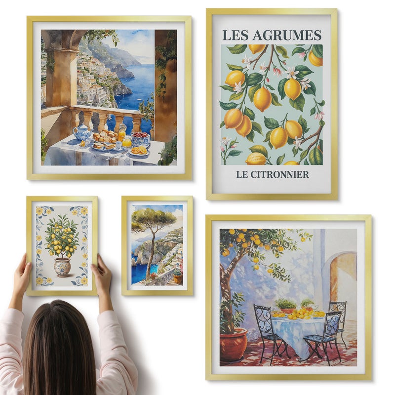 Galeria ścienna 5-częściowy komplet obrazów w złotych ramach - Cytrusowe inspiracje w stylu prowansalskim i śródziemnomorskim - ArtPrintCave