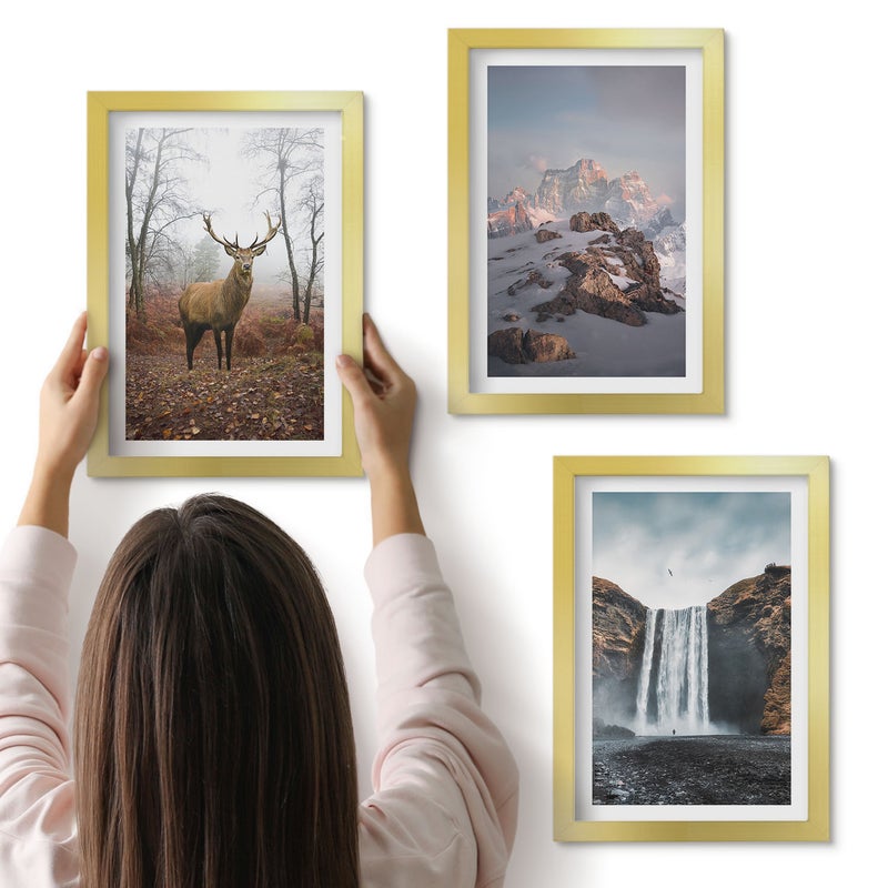 Galeria ścienna 3-częściowy komplet obrazów w złotych ramach - Naturalne dzikie krajobrazy góry jelenie i wodospady - ArtPrintCave