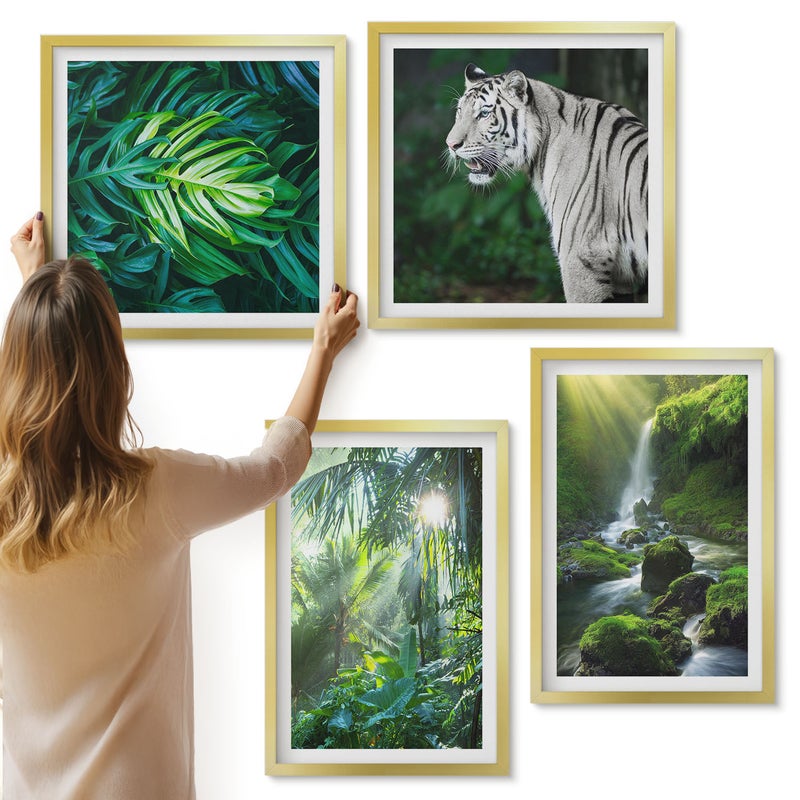 Galeria ścienna 4-częściowy komplet obrazów w złotych ramach - Dżungla z białym tygrysem i dzikim wodospadem - ArtPrintCave