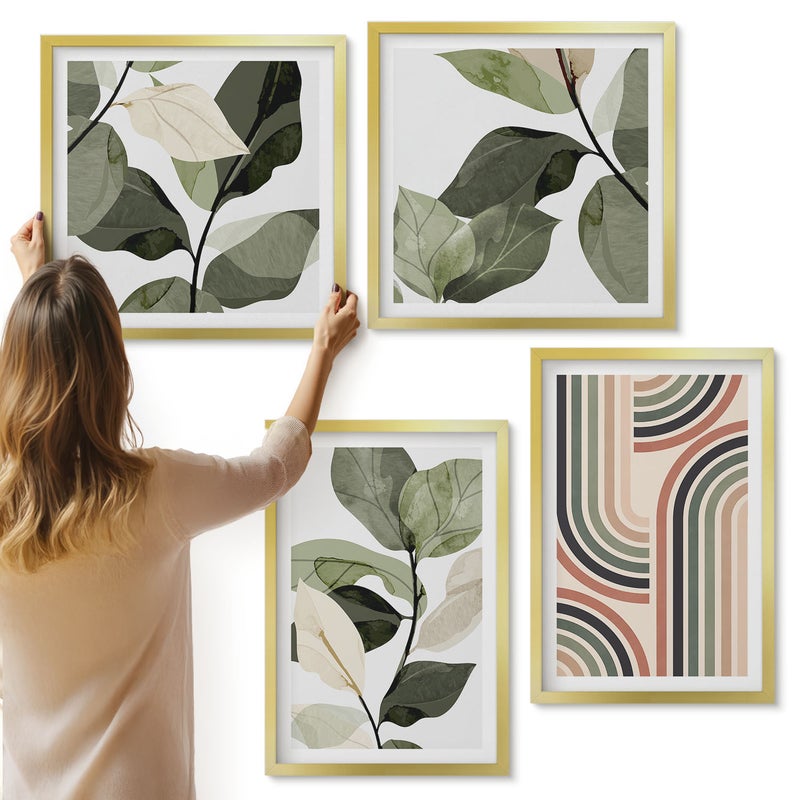 Galeria ścienna 4-częściowy komplet obrazów w złotych ramach - Roślinne motywy z geometrycznymi wzorami w odcieniach zieleni - ArtPrintCave