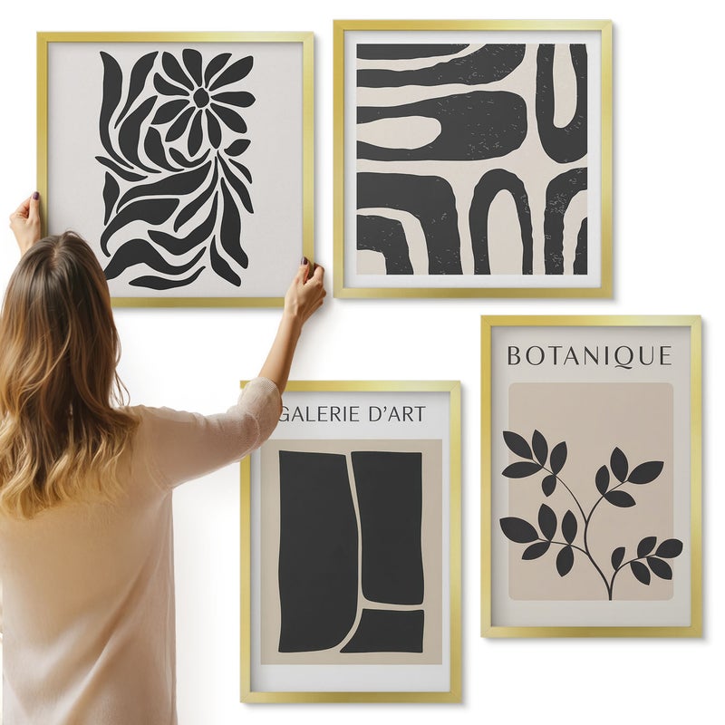 Galeria ścienna 4-częściowy komplet obrazów w złotych ramach - Abstrakcyjne wzory roślinne i geometryczne kształty - ArtPrintCave