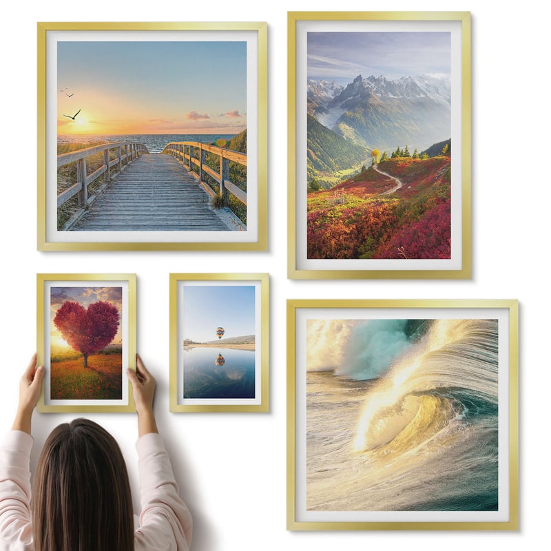 Galeria ścienna 5-częściowy komplet obrazów w złotych ramach - Krajobrazy natury góry serca fale baloniki - ArtPrintCave