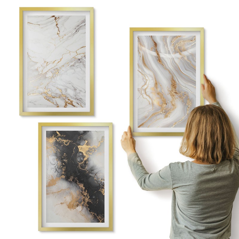 Galeria ścienna 3-częściowy komplet obrazów w złotych ramach - Abstrakcyjne wzory w odcieniach bieli i czerni - ArtPrintCave