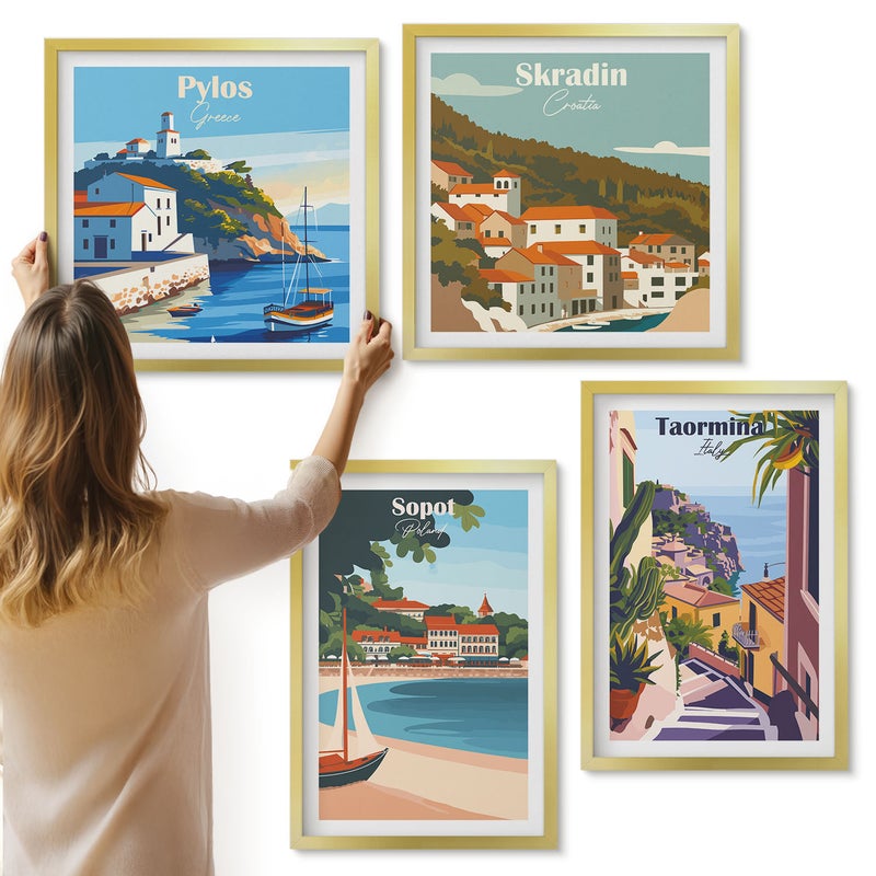 Galeria ścienna 4-częściowy komplet obrazów w złotych ramach - Widoki nadmorskich miast stylowe ilustracje - ArtPrintCave