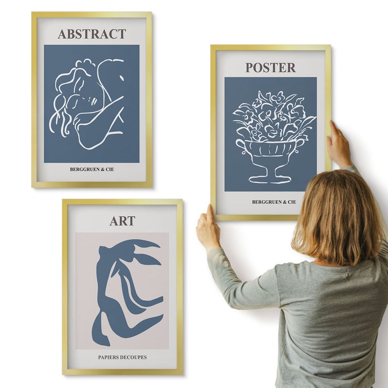 Galeria ścienna 3-częściowy komplet obrazów w złotych ramach - Stylowe abstrakcyjne wzory z postaciami i kwiatami Matisse - ArtPrintCave