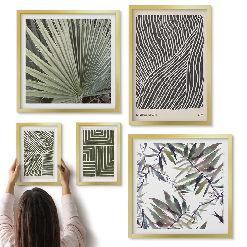 Galeria ścienna 5-częściowy komplet obrazów w złotych ramach - Roślinne wzory w stylu minimalistycznym do wnętrz - ArtPrintCave