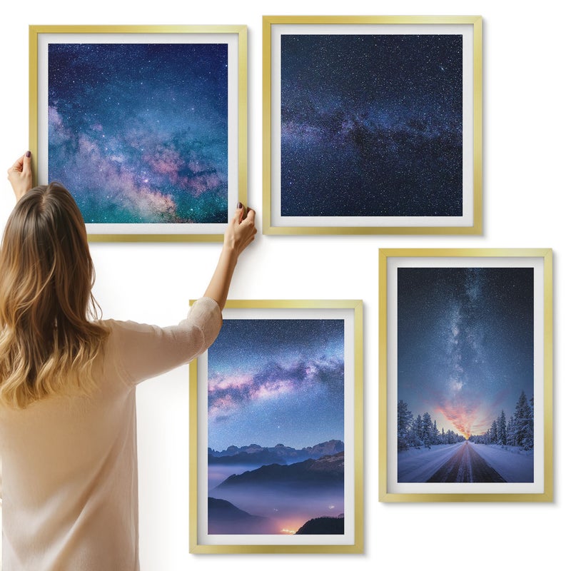 Galeria ścienna 4-częściowy komplet obrazów w złotych ramach - Nocne niebo góry wąwóz kosmos i zimowy krajobraz - ArtPrintCave
