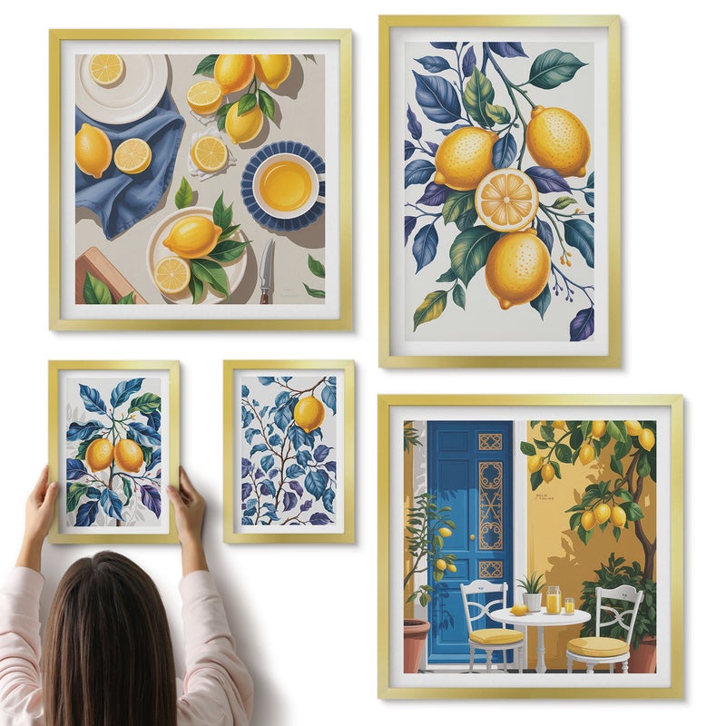 Galeria ścienna 5-częściowy komplet obrazów w złotych ramach - Cytrusowe inspiracje w stylu prowansalskim do kuchni - ArtPrintCave