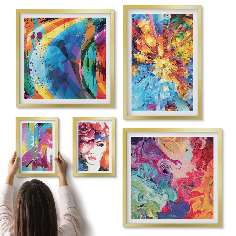 Galeria ścienna 5-częściowy komplet obrazów w złotych ramach - Abstrakcyjne kompozycje kolorowe w stylu nowoczesnym - ArtPrintCave