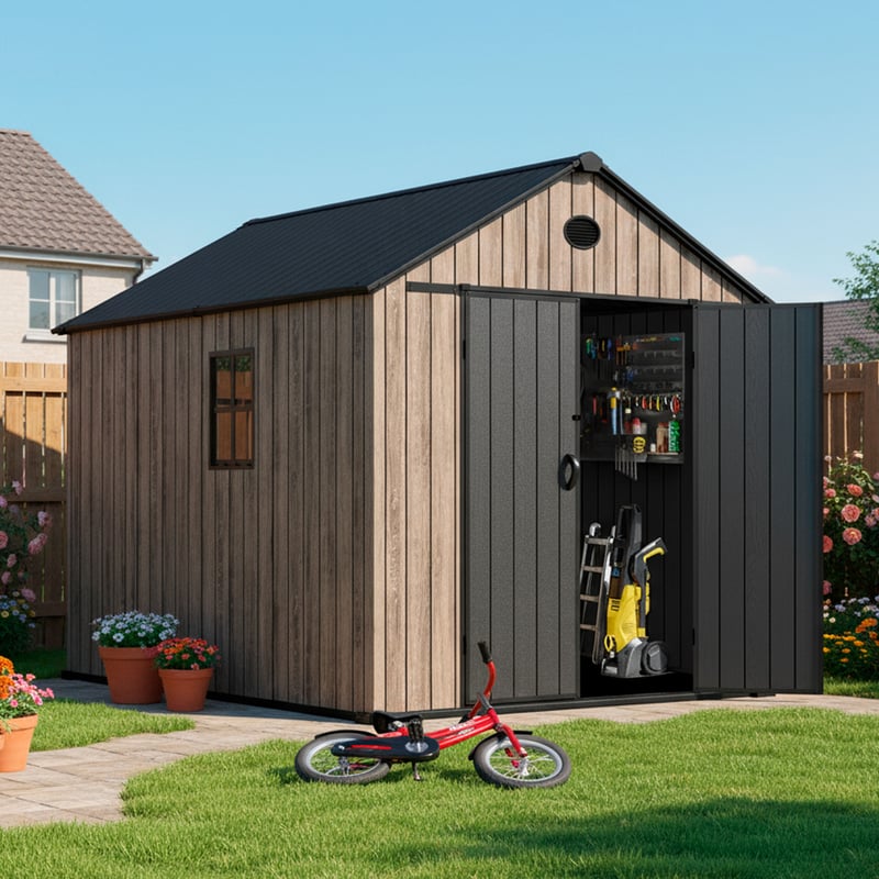 Domek ogrodowy z żywicy Oak O60 6,41 m², podłoga, boczne okno, efekt drewna premium, szerokie podwójne drzwi, odporny na UV i wodę, zasuwa