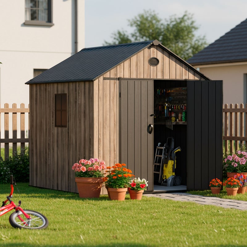 Domek ogrodowy z żywicy Oak O50 5,02 m², podłoga, boczne okno, efekt drewna premium, szerokie podwójne drzwi, odporny na UV i wodę, zasuwa