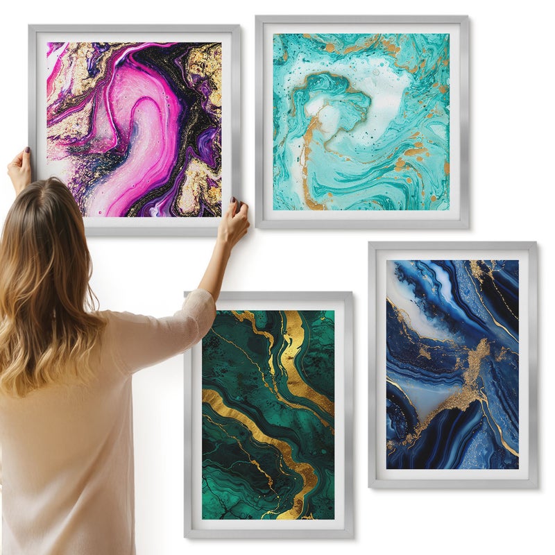 Galeria ścienna 4-częściowy komplet obrazów w srebrnych ramach - Abstrakcyjne wzory w odcieniach różu zieleni i niebieskiego - ArtPrintCave
