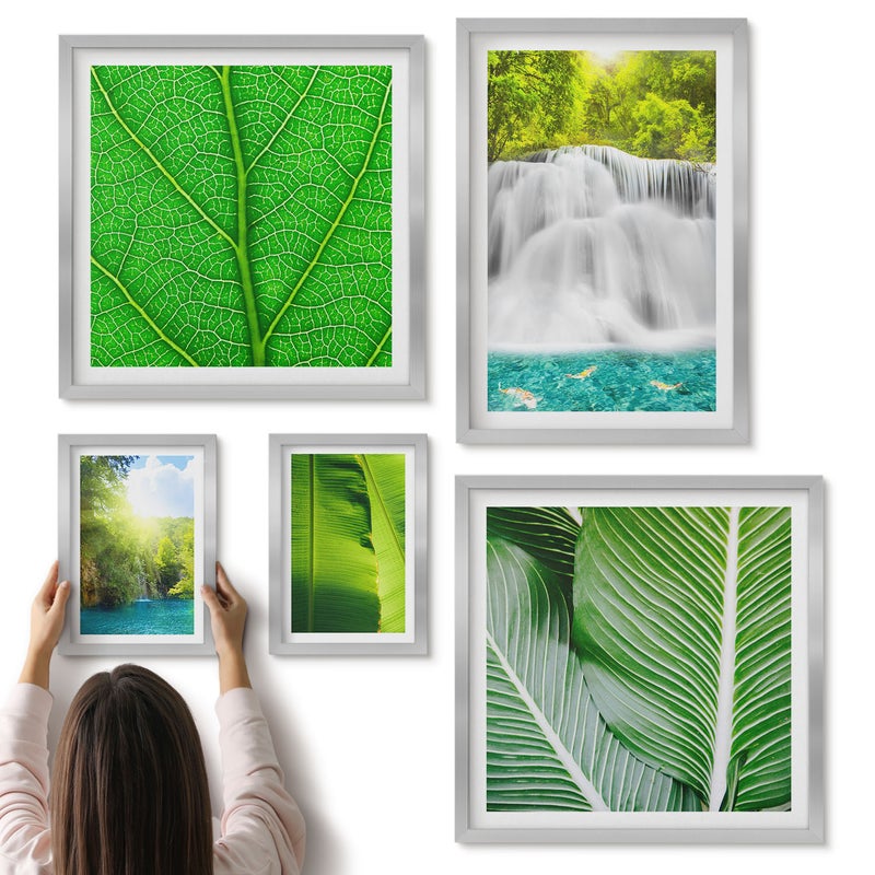 Galeria ścienna 5-częściowy komplet obrazów w srebrnych ramach - Tropikalne krajobrazy wodospadów i liści palmowych - ArtPrintCave