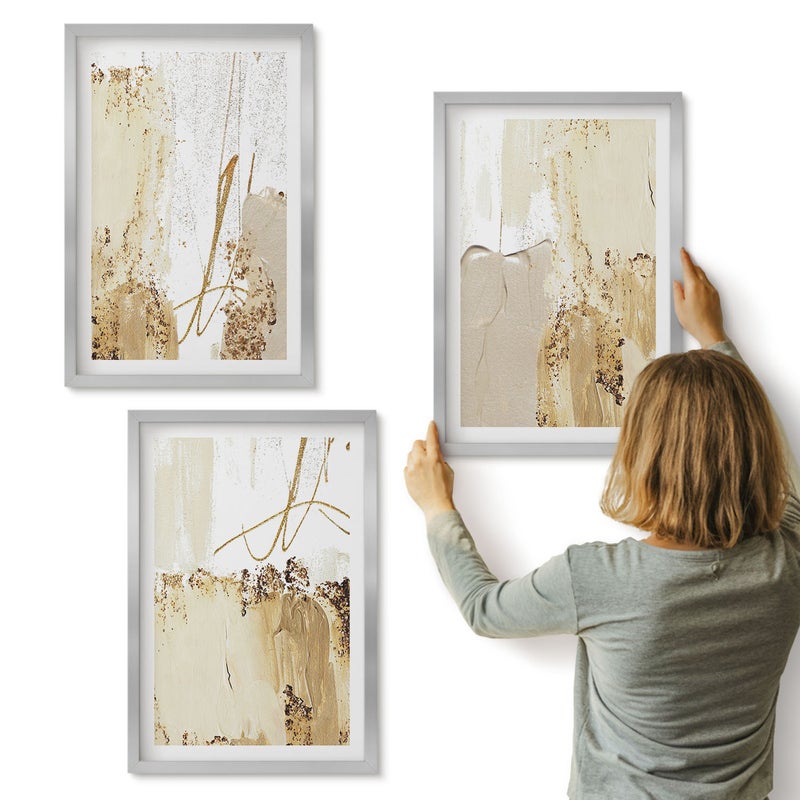 Galeria ścienna 3-częściowy komplet obrazów w srebrnych ramach - Abstrakcyjne wzory w odcieniach beżu i bieli - ArtPrintCave