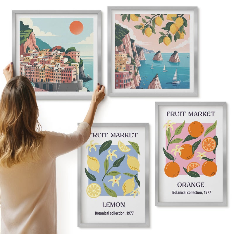 Galeria ścienna 4-częściowy komplet obrazów w srebrnych ramach - Owocowe postery z cytrynami pomarańczami włoskie widoki - ArtPrintCave